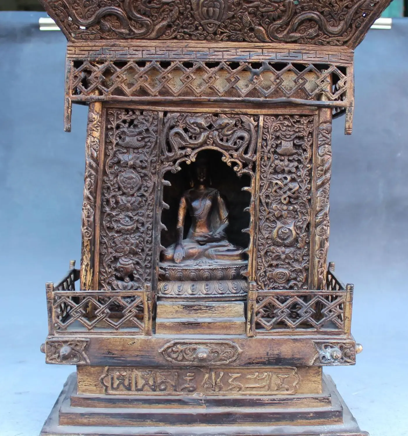 

17" Purple Bronze 8 Auspicious Symbol 2 Dragon Shakyamuni Buddha shrine Statue