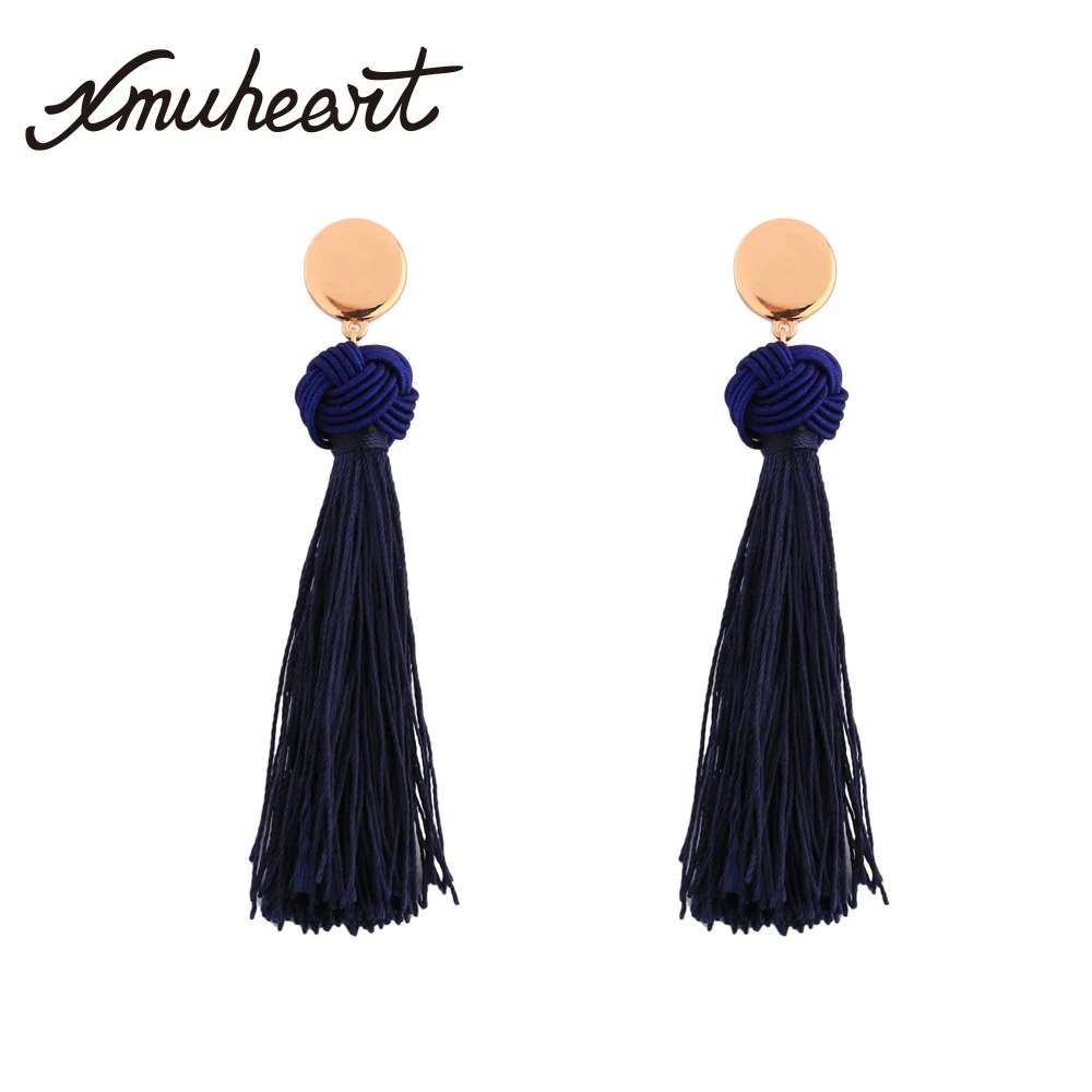 XMUHEART Stud Earrings For Women Long Tassel Vintage Blue Fashion Jewelry Pompom Rope Knot | Украшения и аксессуары