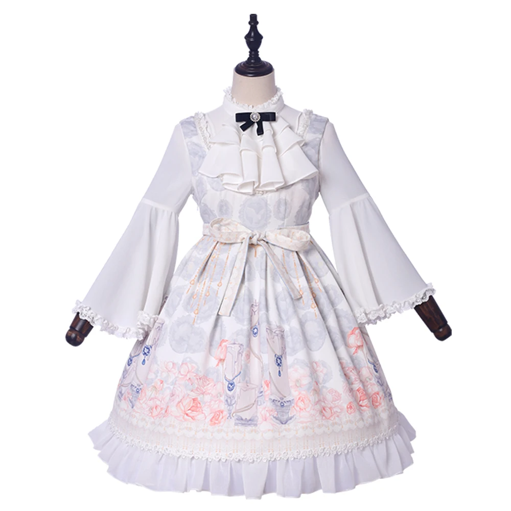 

2018 Original Women Long Sleeves Printing Bowknot Cute Sweet Lolita Dress New Year Lotus Dress And T-shirt Lolita Set