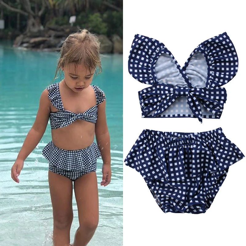 

Summer Kids Baby Girl Plaids Ruffles Tankini Swimwear Swimsuit Two-Piece Suits Blue Bikini Set Bathing Beachwear
