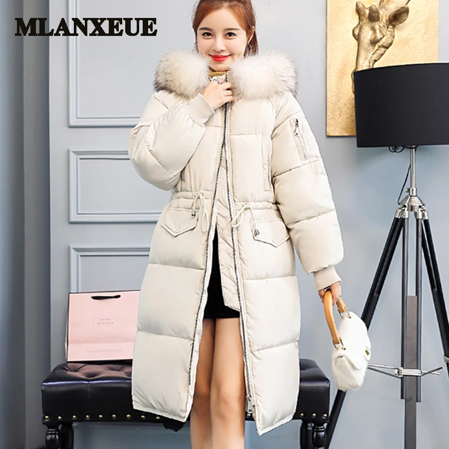 85% cotton hood long down coats women with fur trim hat windbreaker hooded zipper pockets adjustable sash plus size coats women
