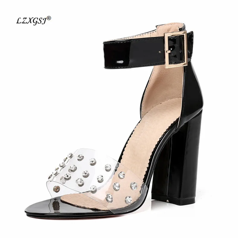

LZXGSJ 2018 Women Summer Sandals Shoes Ankel Wrap Super High Thin Heels Open-toed Classics Casual Fashion Buckle Strap Crystal