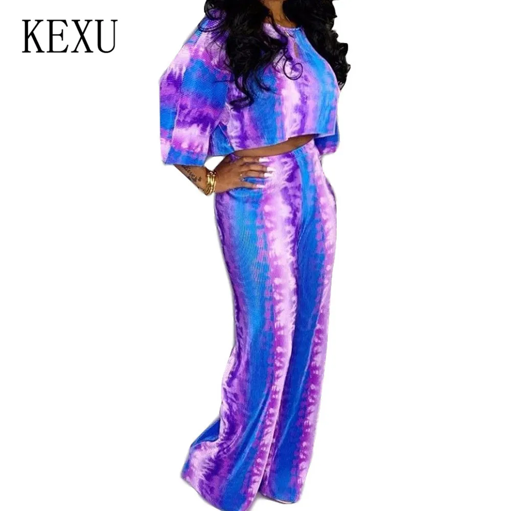 

KEXU Retro Tie Dyed 2 Pieces Sets Half Sleeve O Neck Top and Loose Pants Elegant Women Casual Playsuits Femme Summer Mono Mujer