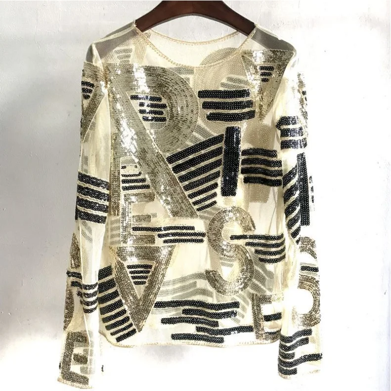 Letter Striped Beading Sequined Blouse Women 6