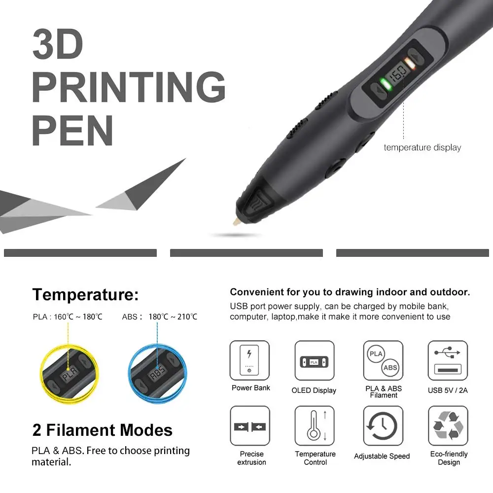 USB 3D Ручка SUNLU поддержка 1,75 мм ABS/PLA/PCL нити diy ручка для рисования с oled-экраном, 1-8 цифровой экструдированный support5V 2A