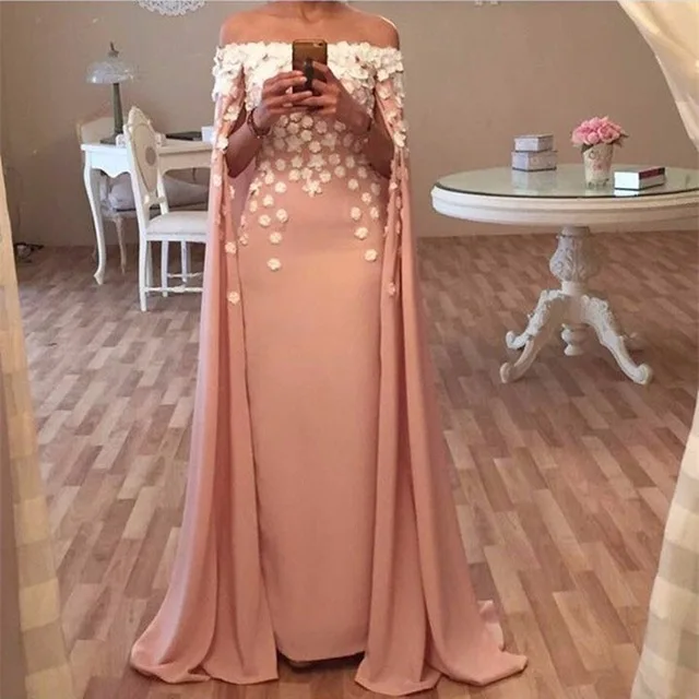 Арабское вечернее платье, длина до пола, цветочные платья для женщин, на заказ, трапециевидная аппликация, элегантные длинные платья, накидка с рукавом