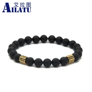 

Ailatu 10pcs/lot Sale Jewelry Micro Inlay Black Zircon Rectangle Mens Cz Beads Bracelet with 8mm Matte Onyx Stone