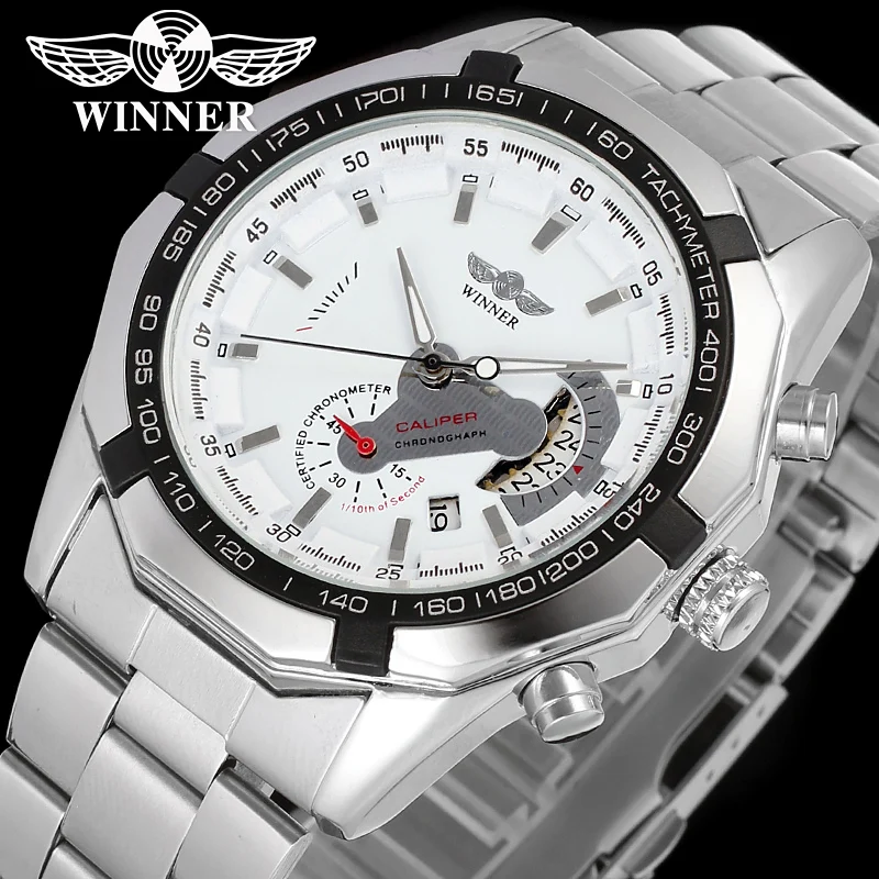 WINNER Luxury Automatic Watches Self Wind Date Day Display Silver