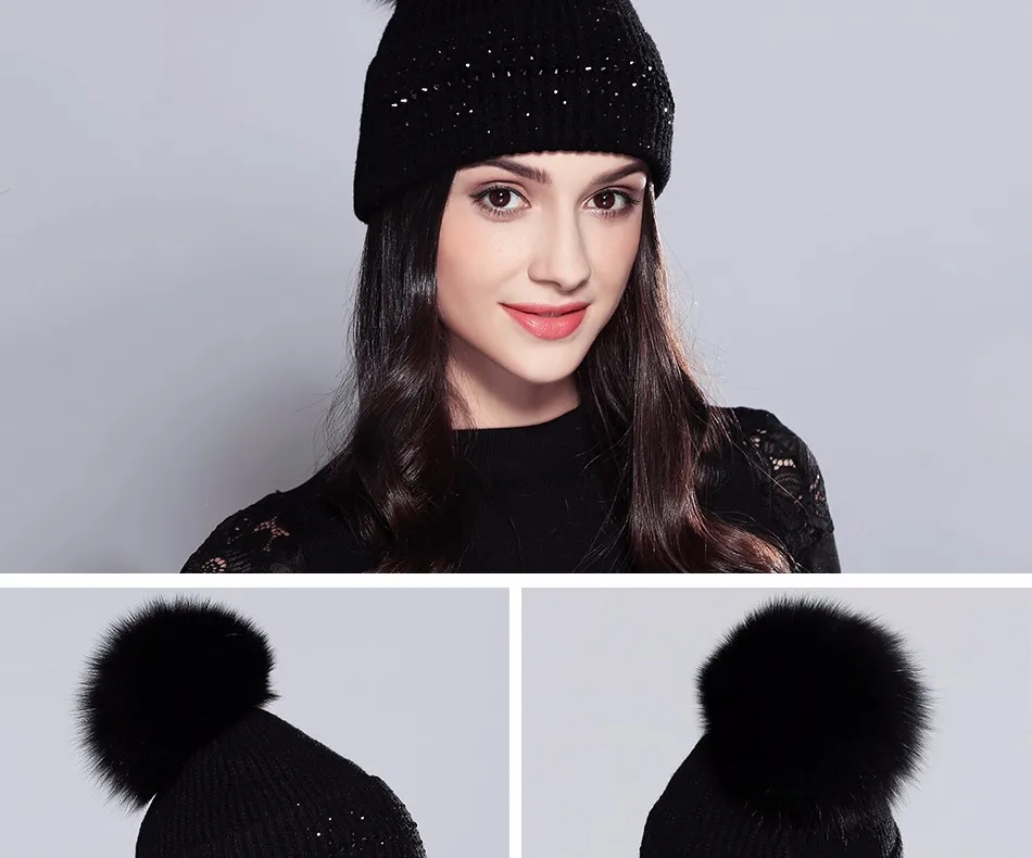 Зимние шапки для женщин Vogue Шерсть натуральный мех енота помпоны Новинка вязаная теплая шапка женская Skullies Beanies# MZ709B