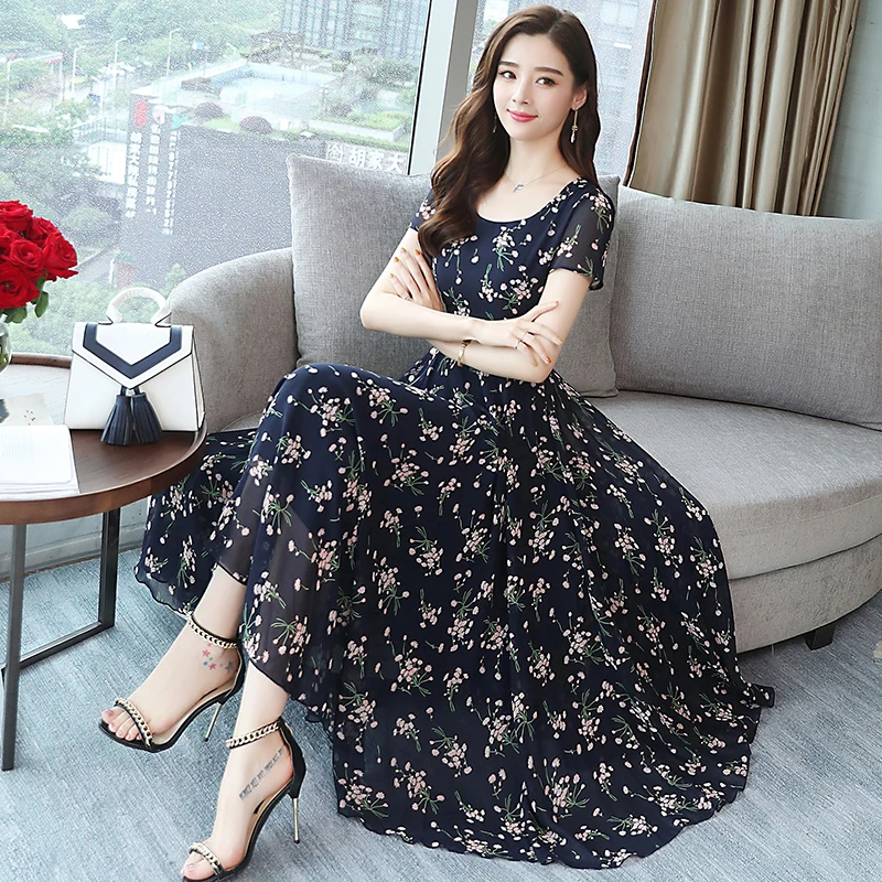 Summer Print Party Long Women Floral Dress Casual Blue Elegant Lady Office Mesh Slim Maxi Vintage Chiffon Vestido New Arrivals