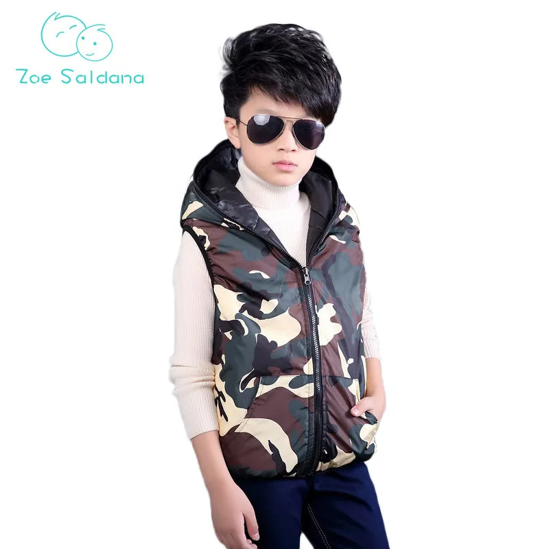 

Zoe Saldana Boy's Vest 2018 New Winter Teenager Boys Reversible Hooded Down Cotton Vests Casual Camouflage Thick Warm Waistcoats