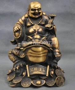 

free shipping 10" China Bronze Happpy Laughing Maitreya Buddha Ride Toad Yuanbao Money Statue