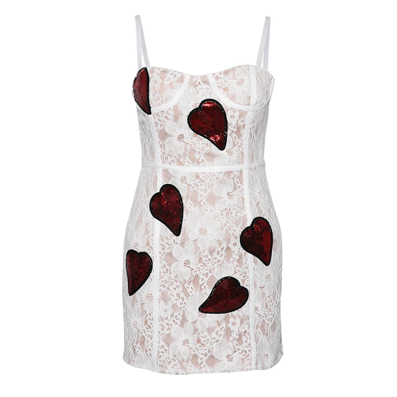 Lace Spaghetti Strap Dress Female Strapless Backless Sequins Heart Patchwork High Waist Elastic Mini Dresses Summer H283