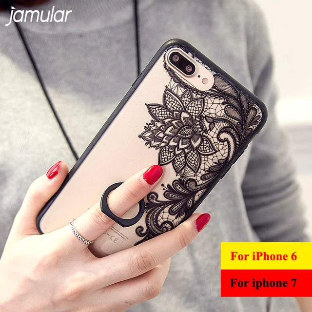 Best Offers JAMULAR Crystal Flower Phone Case for iPhone 8 7 6 6s Plus Ring Holder Clear Plastic Hard Cover for iPhone 6s 7 Plus Cases