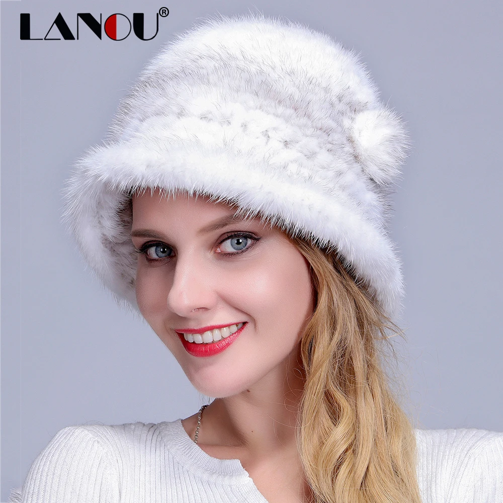 LANOU Female Winter Hats for Girls 100 Mink Fur Knitted Caps with