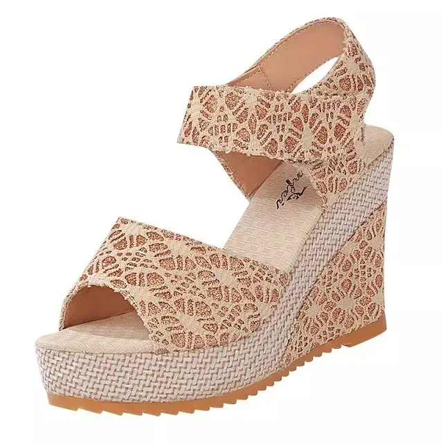 Women Sandals New Summer Fashion Lace Hollow Gladiator Wedges Shoes Woman Slides Peep Toe Hook & Loop Solid Lady Casual A00186