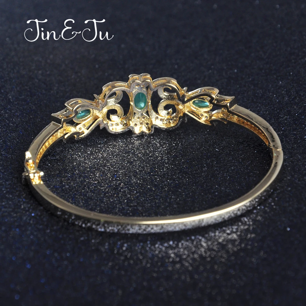 Женский браслет из ротанга и фианита JIN & JU зеленый золотой в винтажном стиле с