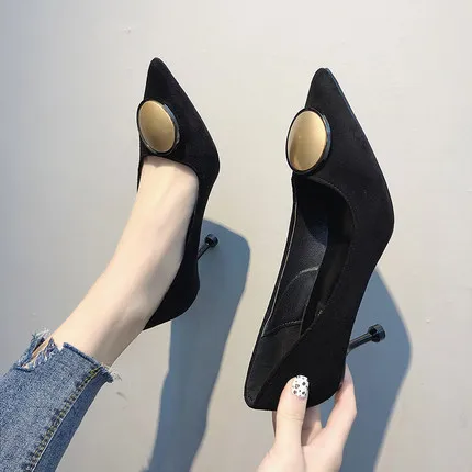 

Black French girl high heels female 2019 spring new fine with metal buckle super shallow mouth pointed shoes-1