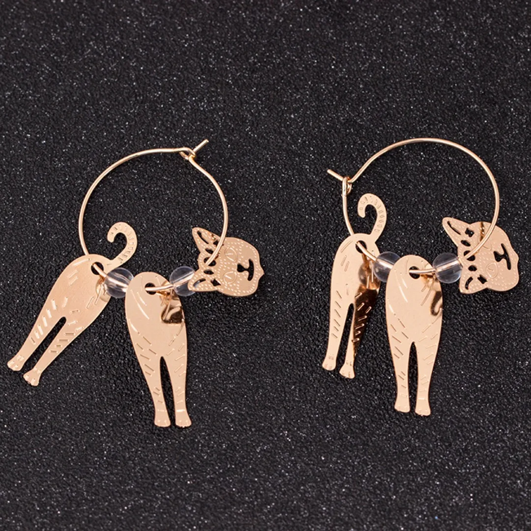 Cute Gold Cat Dangle Earrings Brincos Mujer Faux Pearl Circle Hook Earrings Pendientes For Women Fashion Jewelry Shellhard