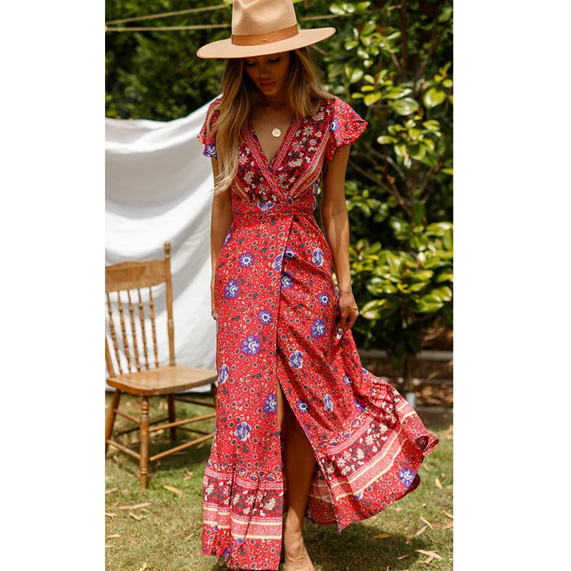 Image Sexy V Neck Print Red Women Dress Long Ruffles Floral Dress For Female 2019 Summer Style Fashion Casual Beach Party Clothes