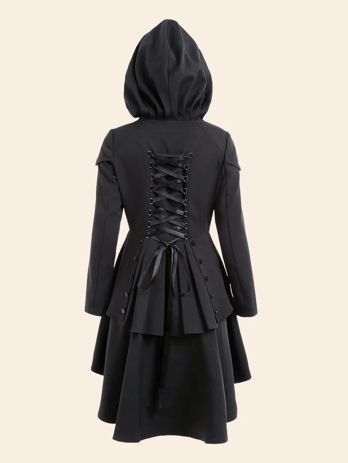 Gamiss Women Trench Coat 2017 Black Gothic Overcoat Hooded Bow Button Lace Up Vintage Tailcoat