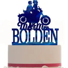 Изготовленный На Заказ Блестящий кардсток свадебный торт Топпер, силуэт пары Mr и Mrs с мотоциклом, ваш последний цвет на выбор