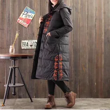 Распродажа, женское пуховое пальто, женская длинная куртка макси с капюшоном, народная Народная вышивка, китайский стиль, женская зимняя одежда