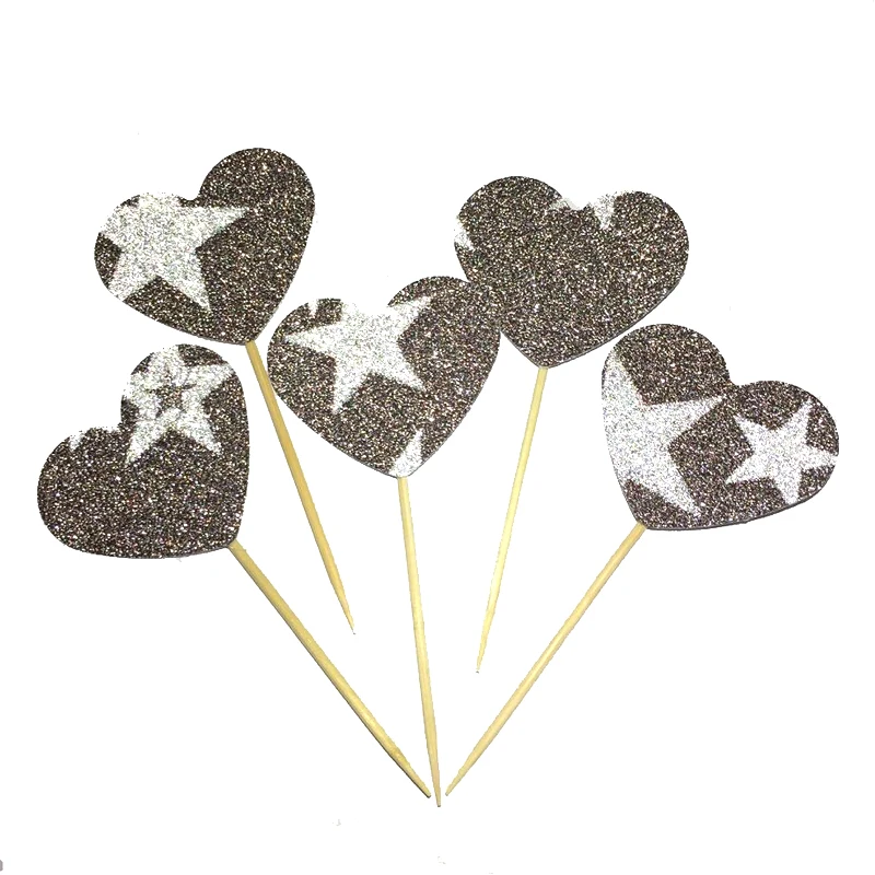 20pcs 37mm Big Heart-shaped Brown Cupcake Toppers with star pattern Glitter Party Supplies Birthday Wedding New Years Eve | Дом и сад