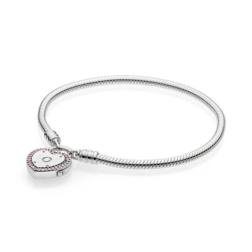 

925 Sterling Silver Bead Charm Snake Chain Fit Moments Smooth Bracelet with Lock Your Promise Clasp for Women Jewelry