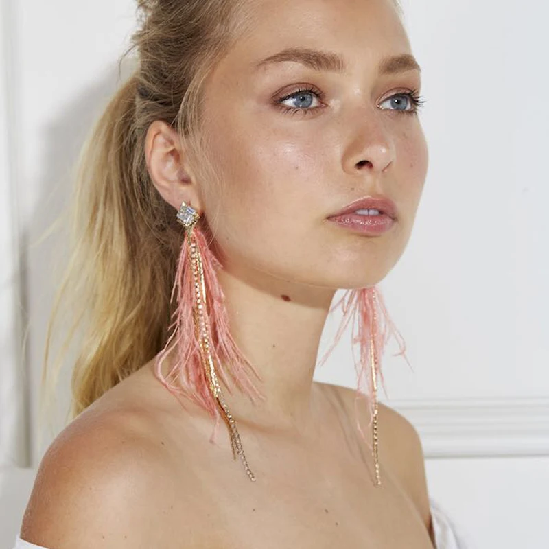 Coco&Willow stone and crystal chain feather long drop earrings, ostrich feather bohemian style fashion earring for women
