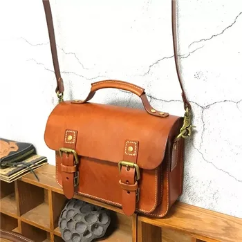 

Vintage England Designer Girls Small Satchels Message Bag Genuine Tanned Leather Women's Single Cross Shoulder Bag Handbag