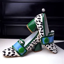 Shoes female high-heeled genuine leather horsehair single shoes leopard print women’s shoes new arrival square toe thick heel
