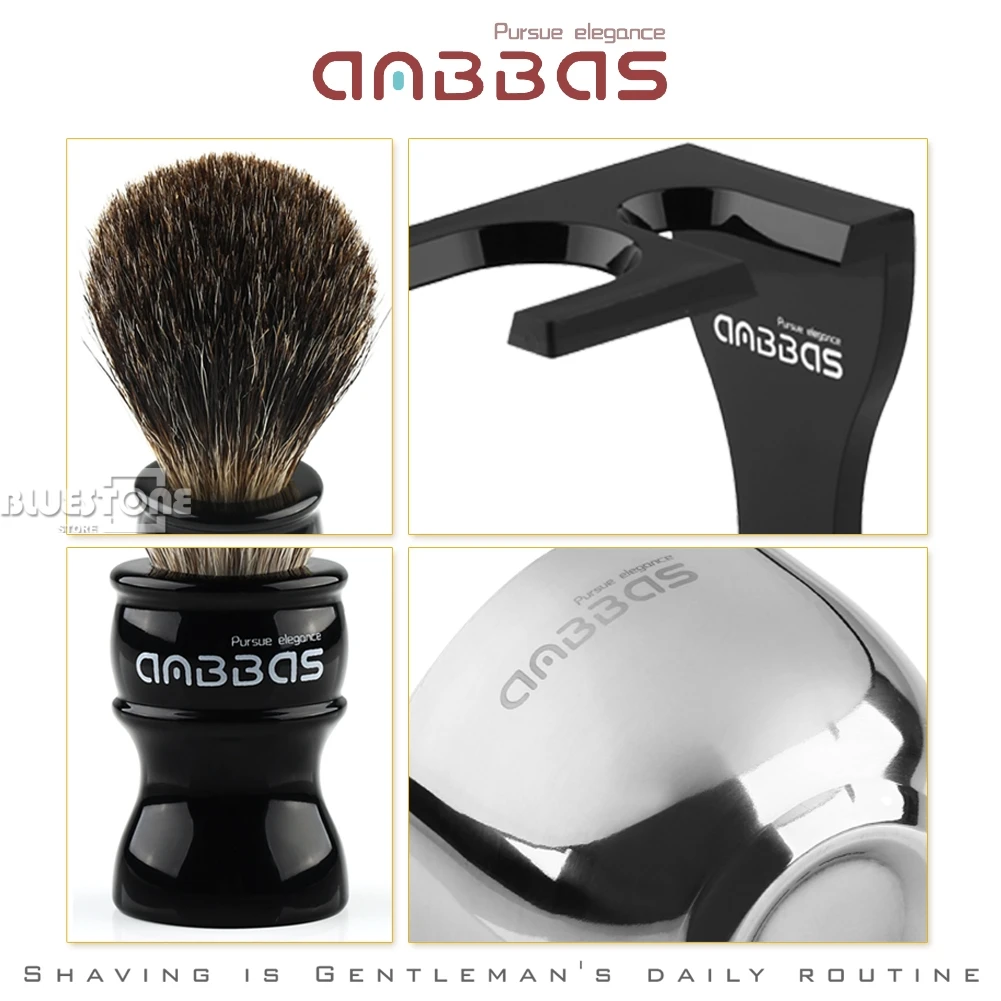 Best Anbbas Barber Shaving Brush Badger Hair,Black Acrylic Stand, Bowl Set