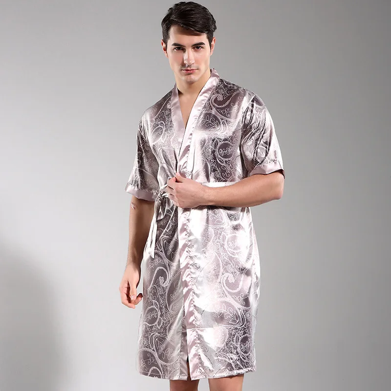 

New Gray Men Kimono Nightwear Satin Robe Pyjamas Room Home Clothes Bathrobe Long Sleeve Satin Soft Silky Sleepwear Bath Gown