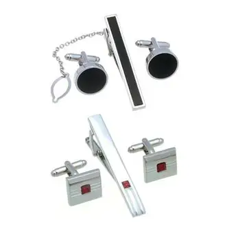 

5sets/lot Black Round Enamel Cufflinks+Tie Clip Set Silver Square Red Crystal Tie Clip Pin&Cuff Link Set Men's Jewelry