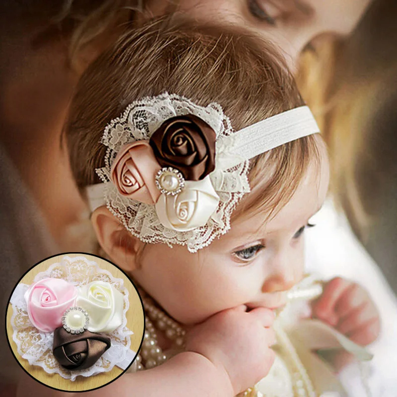 Cute Baby Girls Headwear Lace 3 Rose Baby Hair Bands Baby Girl