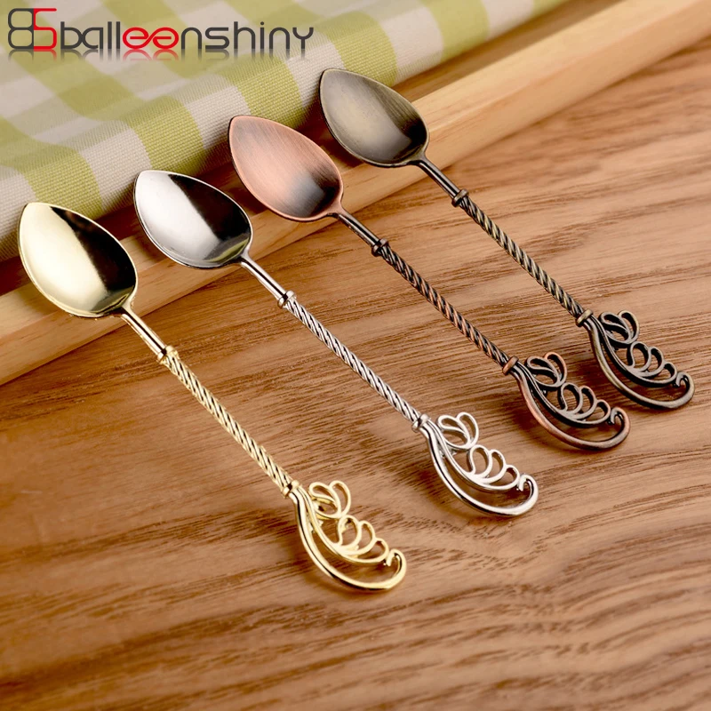 

BalleenShiny Feather Vintage Spoons Royal Style Metal Carved Mini Coffee Spoons Kitchen Accessories Coffee Dessert Spoons Scoop