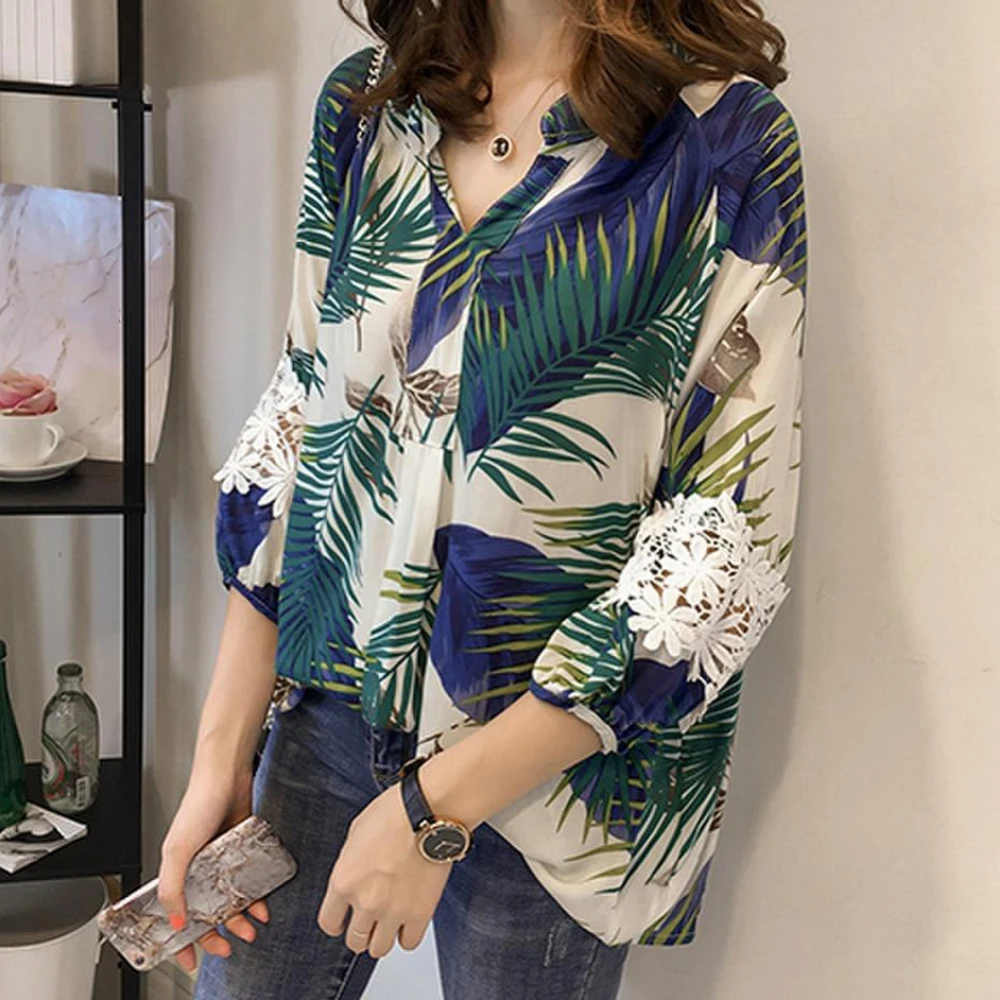 

Women Fashion Tropical forest print 3/4 Sleeve Tops Summer Basic T-Shirts Openwork Lace Panel Shirt Women's Loose beach Top Tee