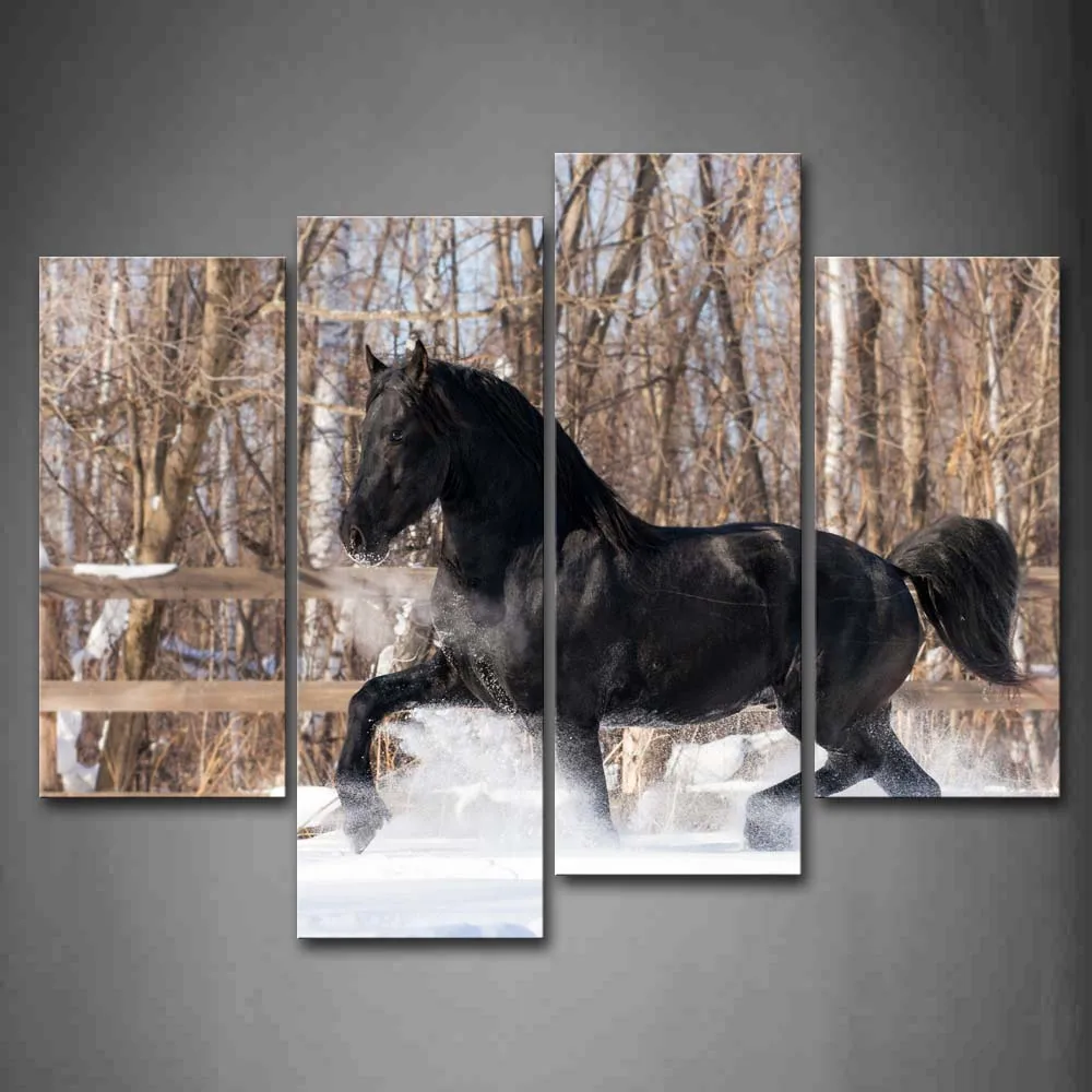 

Framed Wall Art Pictures Horse Snowfield Canvas Print Animal Modern Posters With Wooden Frame For Home Living Room Decor
