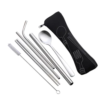 

Portable Dinnerware Flatware Set with Black Bag Package 6pcs/set Reusable Stainless Steel Spoon Chopsticks Juice Straw and Clean