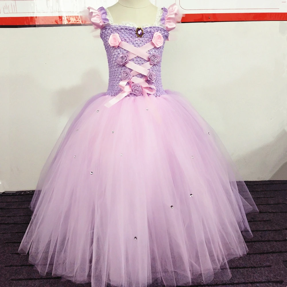 Розовое, лавандовое платье принцессы Рапунцель для девочек; детское бальное платье на свадьбу; Детские платья-пачки для девочек; костюм на Хэллоуин; От 1 до 14 лет