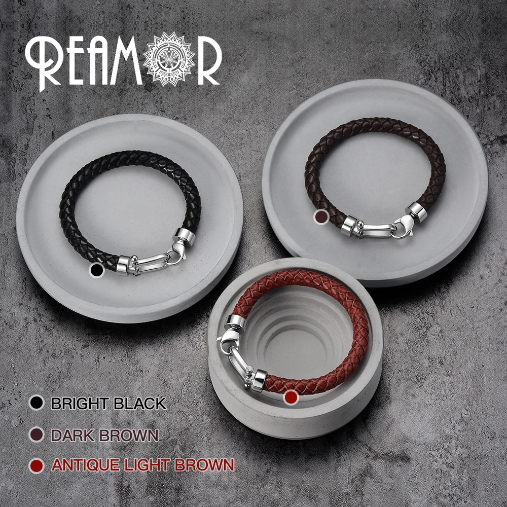 REAMOR Men Genuine Leather Braided Bracelet Bangles 316l Stainless Steel Lucky Horseshoe Lobster Clasp Bracelet Fashion Jewelry