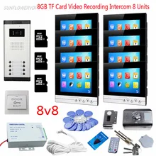 Intercom Video Intercoms For 8 Apartments 8 Color 7″ Touch Buttons Recording Monitors Video Eyes For The Door With Rfid Lock 8GB