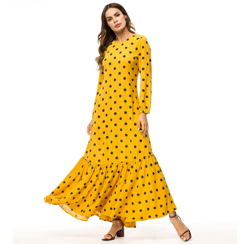 MISSJOY новые женские желтые платья с оборками размера плюс 4XL с длинным рукавом в горошек PrintedAbaya мусульманское турецкое длинное платье русалки