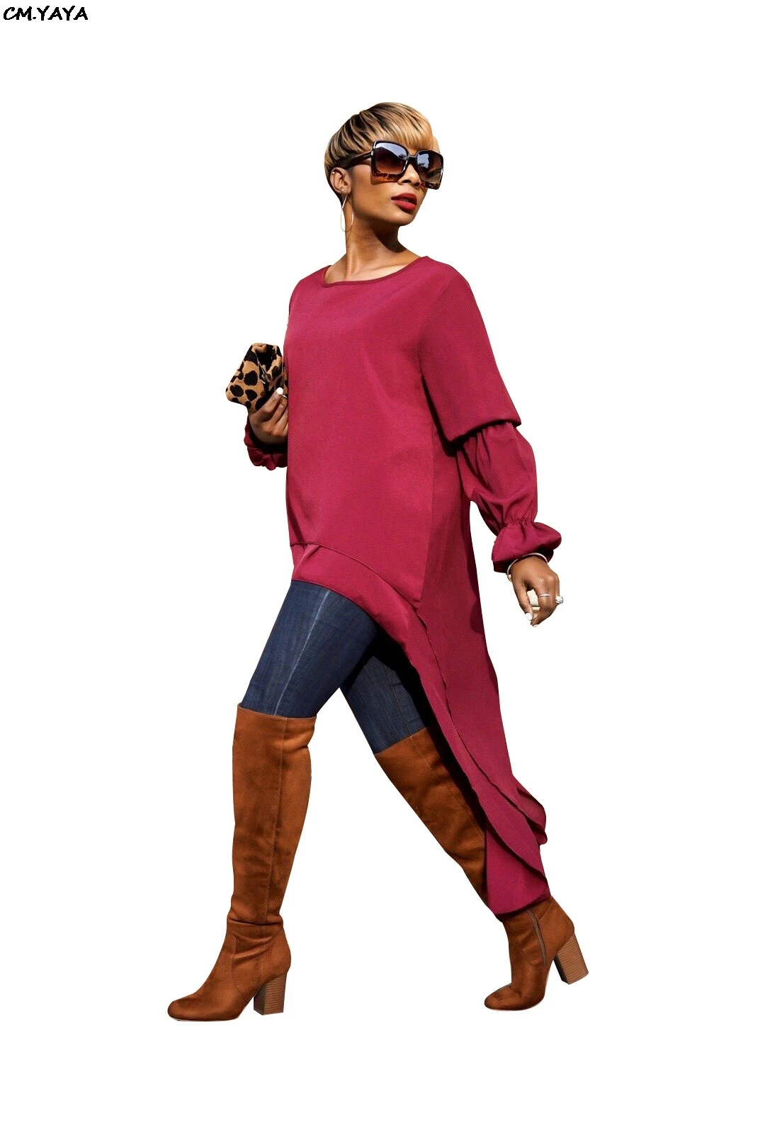 

women new 2019 sping high low lantern long sleeve o-neck maxi blouses shirts dress street wear active tops GLH1090