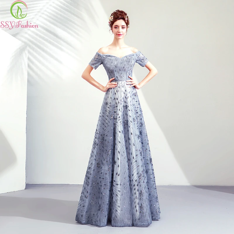

SSYFashion New Banquet Elegant Long Evening Dress Boat Neck Grey Blue Sequins Floor-length Formal Party Gowns Robe De Soiree