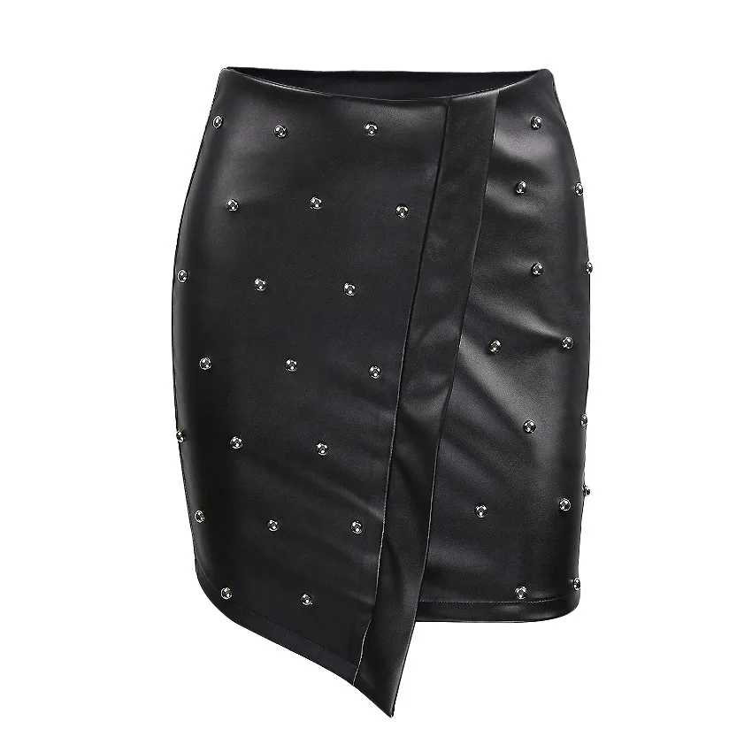 

Casual Women Skirts High Waist Beading PU Mini Skirt Punk Faux Leather Rivet decor irregular black Bodycon Pencil Ladies Skirt