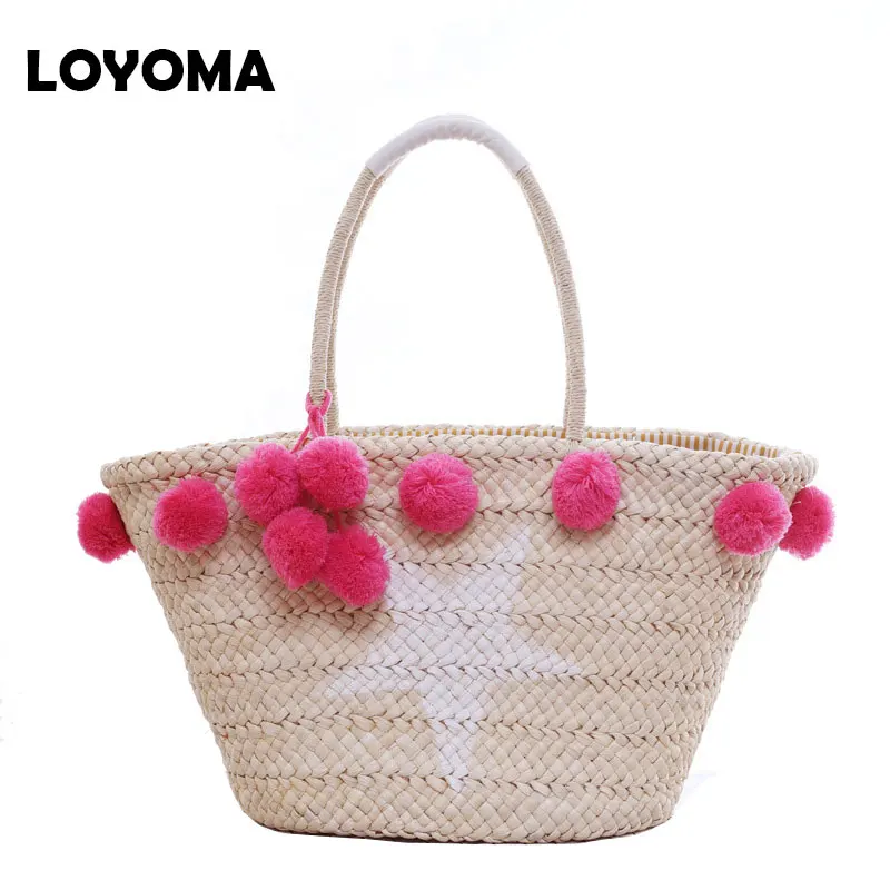 2019 Summer Women Girls Beach Bag Straw Handbags Large Capacity Star Pom Pom Shopping Tote Fur ...