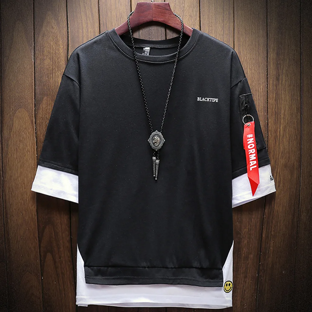 Plus Size T-Shirts 2019 Summer Mens Clothing Casual Fake Two Short Sleeve Tee Top Fitness Tshirts Streetwear Male T-shirts