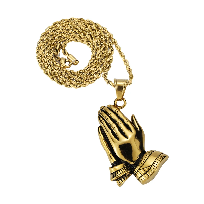 

NEW Trendy Stainless Steel Gold Silver Color Pendants Double Hands Prayer Pendant Necklace Hip Hop Link Chain Necklace For Men